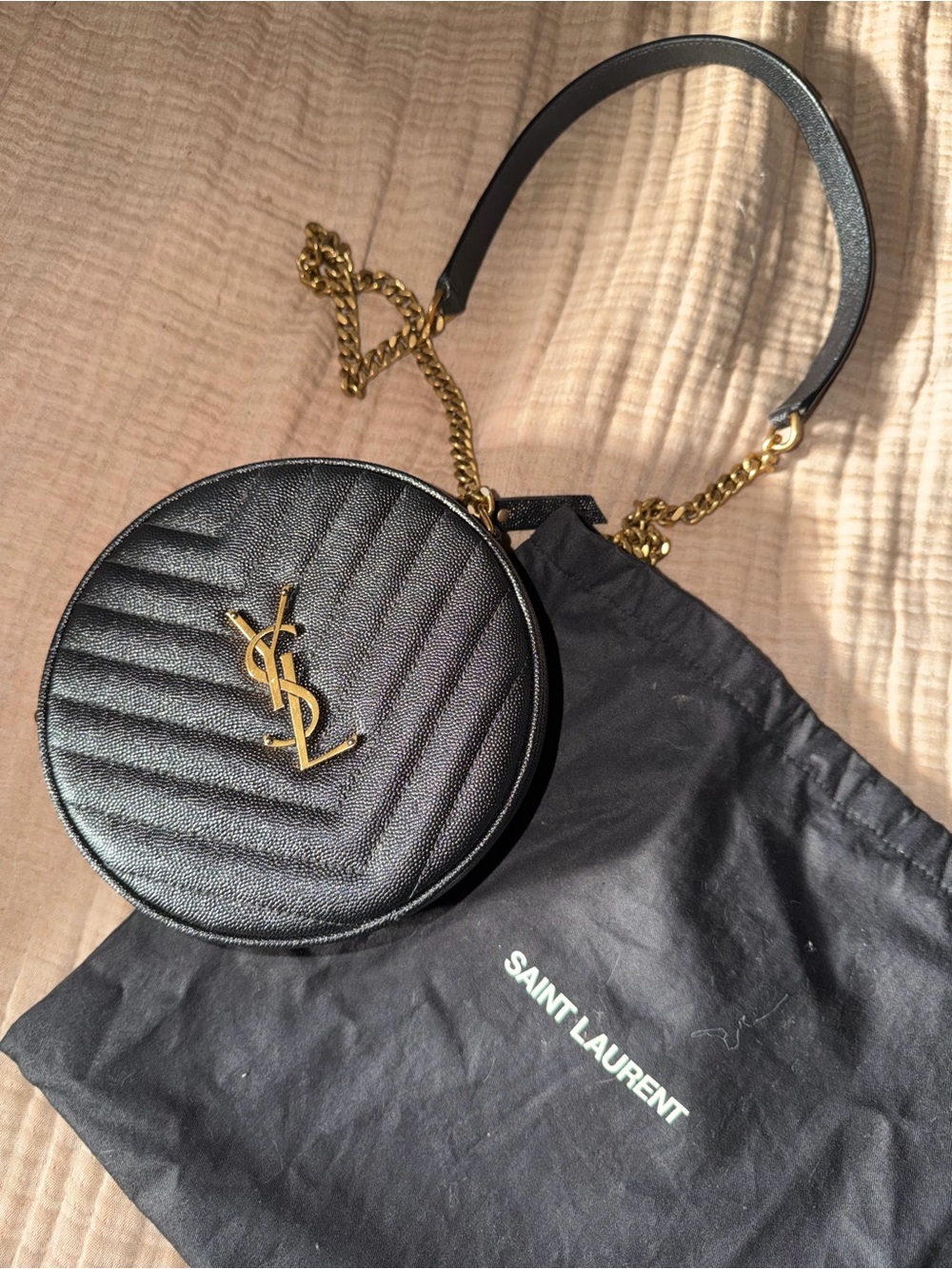 Saint Laurent Black Quilted Round Crossbody with Gold YSL Chain